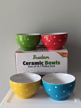Bruntmor Ceramic Bowls Set Of 4 Polka Dots 20 Oz Red Blue Green Yellow White